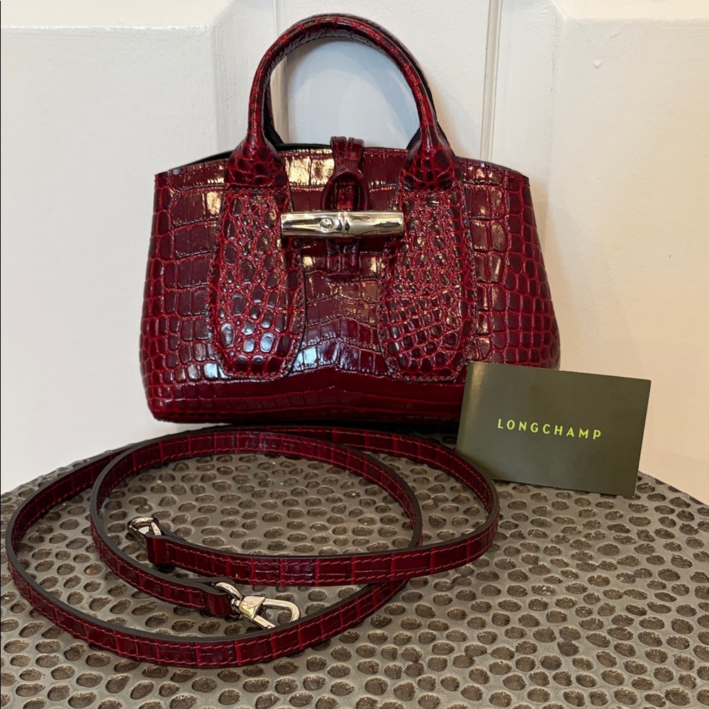 Longchamp XS Roseau Croc-Embossed Burgundy Top-Handle Satchel Crossbody Bag
